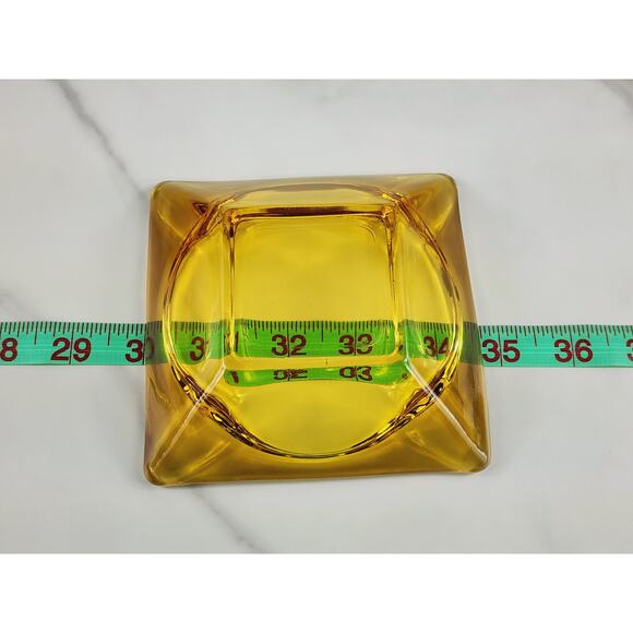 Mid Century Ashtray Square Amber Glass 4 3/4" Yellow Glass Art 70's Home Decor - Picture 10 of 10